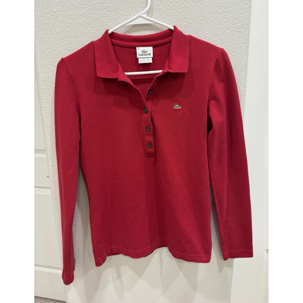 Lacoste Vintage Retro Women's Red Long sleeve Henley Pique Polo Shirt Sz 40